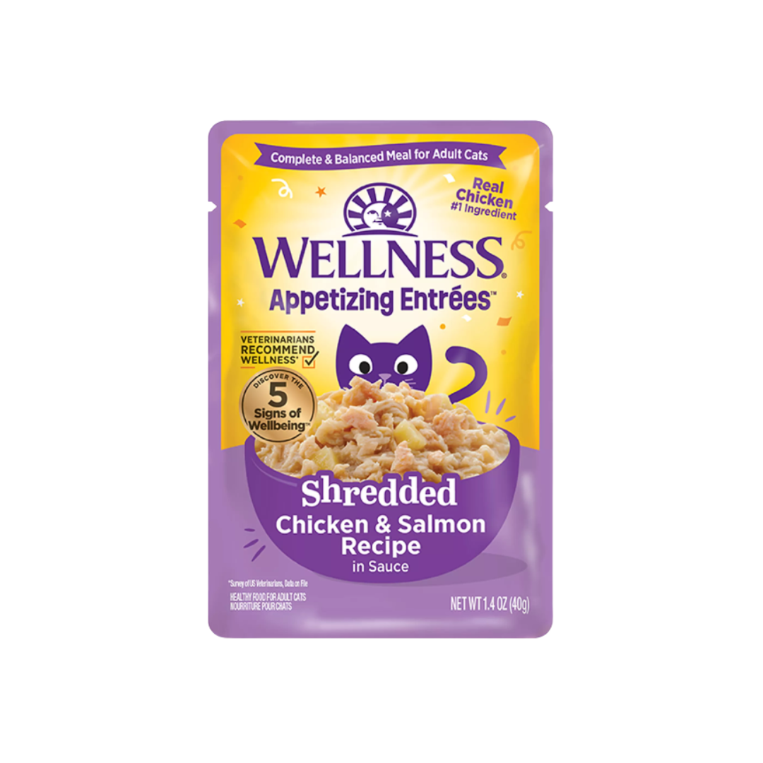 Wellness Wet Cat Food - Appetizing Entrées Shredded Chicken & Salmon Recipe in Sauce Pouch