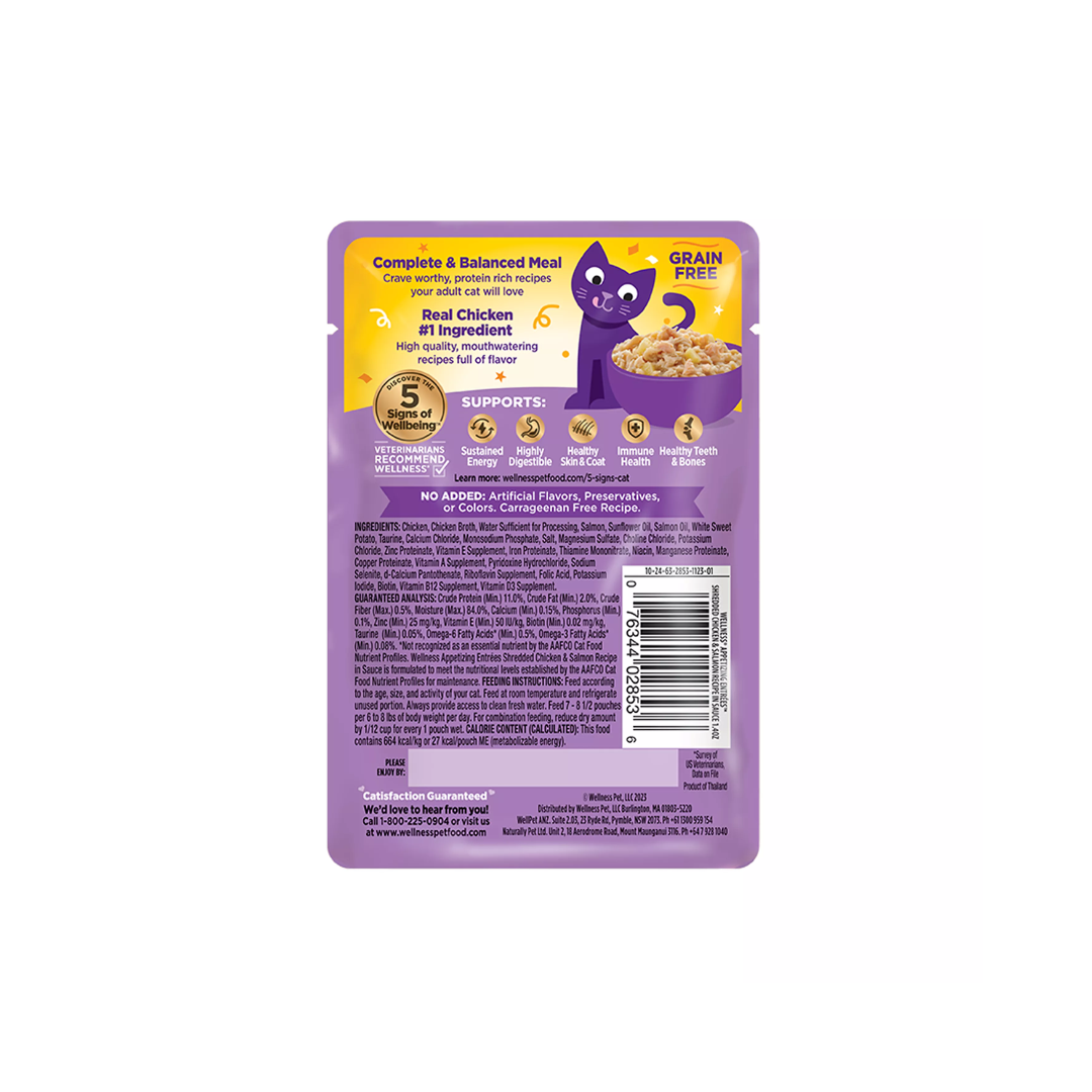 Wellness Wet Cat Food - Appetizing Entrées Shredded Chicken & Salmon Recipe in Sauce Pouch