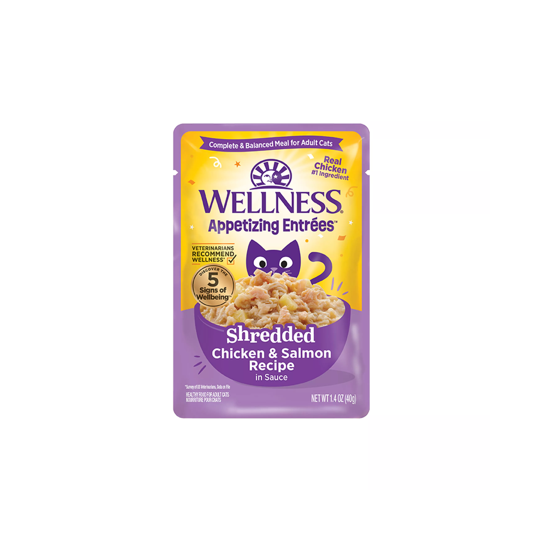 Wellness Wet Cat Food - Appetizing Entrées Shredded Chicken & Salmon Recipe in Sauce Pouch