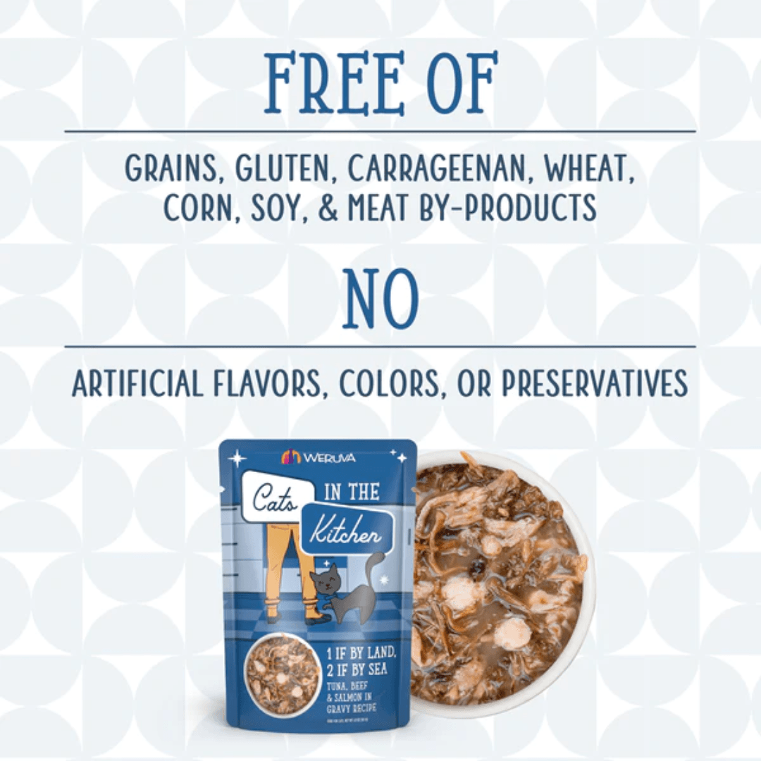 Weruva Wet Cat Food - Cats in the Kitchen 1 If By Land, 2 If By Sea Tuna, Beef & Salmon in Gravy Pouch 
