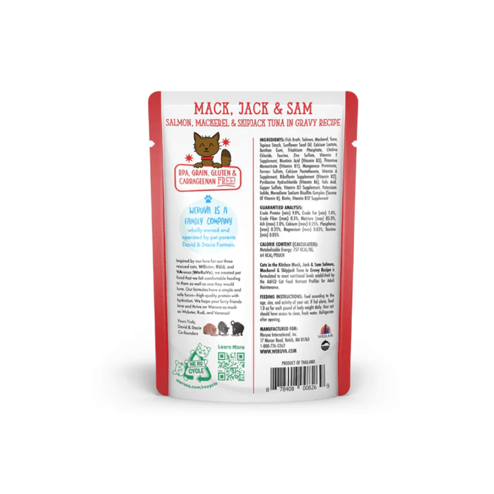 Weruva Wet Cat Food - Cats in the Kitchen  Mack, Jack and Sam Salmon, Mackerel & Skipjack Tuna in Gravy Pouch 