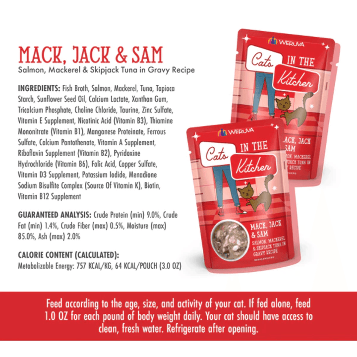 Weruva Wet Cat Food - Cats in the Kitchen  Mack, Jack and Sam Salmon, Mackerel & Skipjack Tuna in Gravy Pouch 