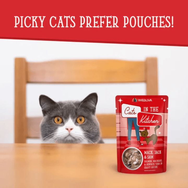 Weruva Wet Cat Food - Cats in the Kitchen  Mack, Jack and Sam Salmon, Mackerel & Skipjack Tuna in Gravy Pouch 