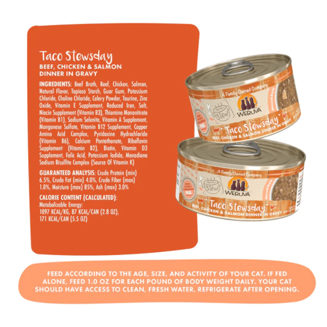 Weruva Wet Cat Food - Taco Stewsday Beef, Chicken & Salmon Dinner in Gravy Canned 