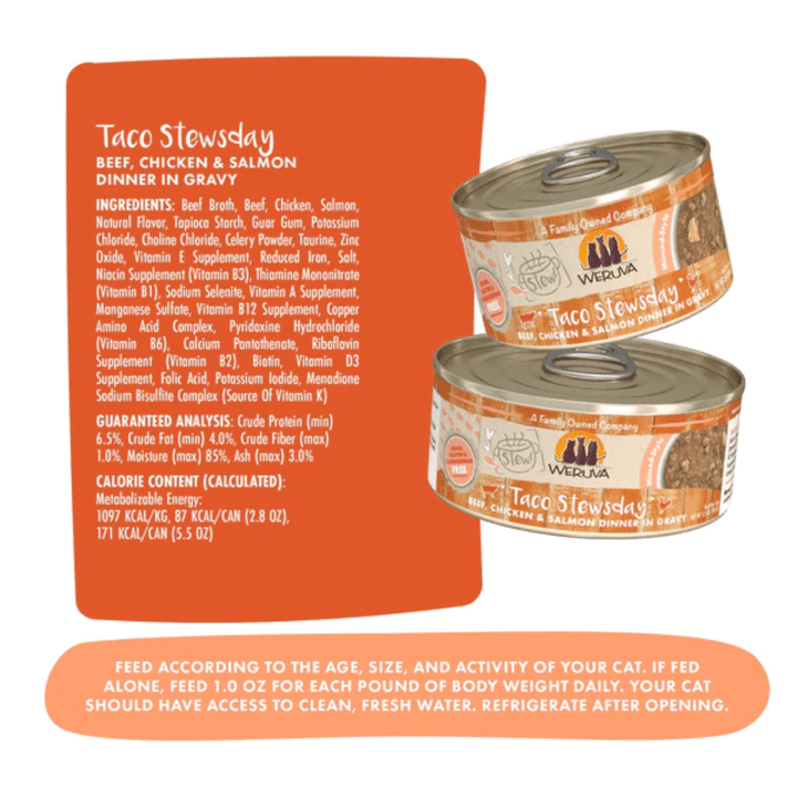 Weruva Wet Cat Food - Taco Stewsday Beef, Chicken & Salmon Dinner in Gravy Canned 