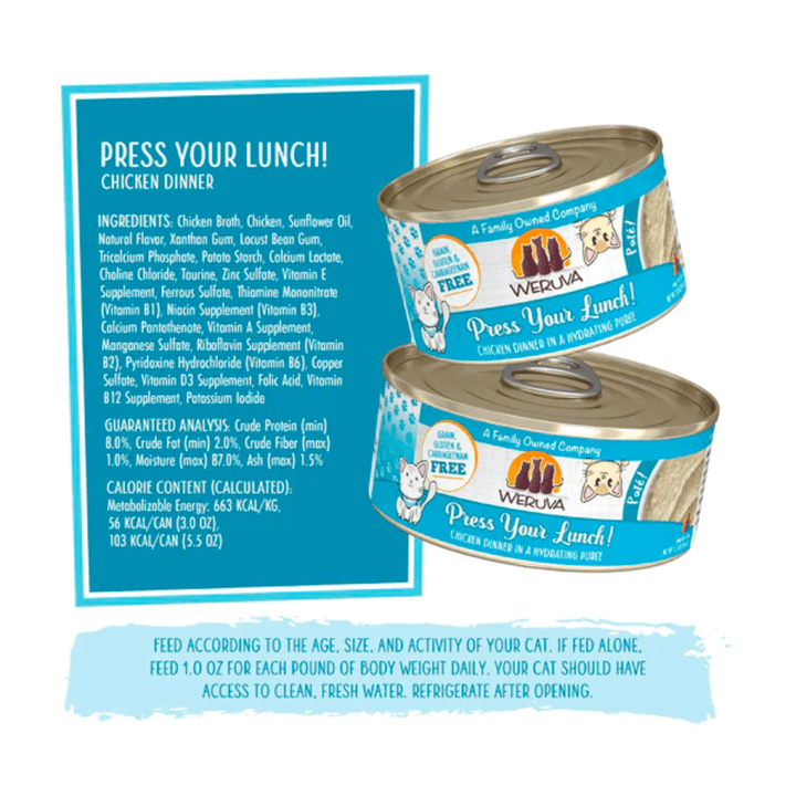 Weruva Wet Cat Food - Weruva Cat Paté Press Your Lunch! Chicken Dinner in a Hydrating Puree Canned 
