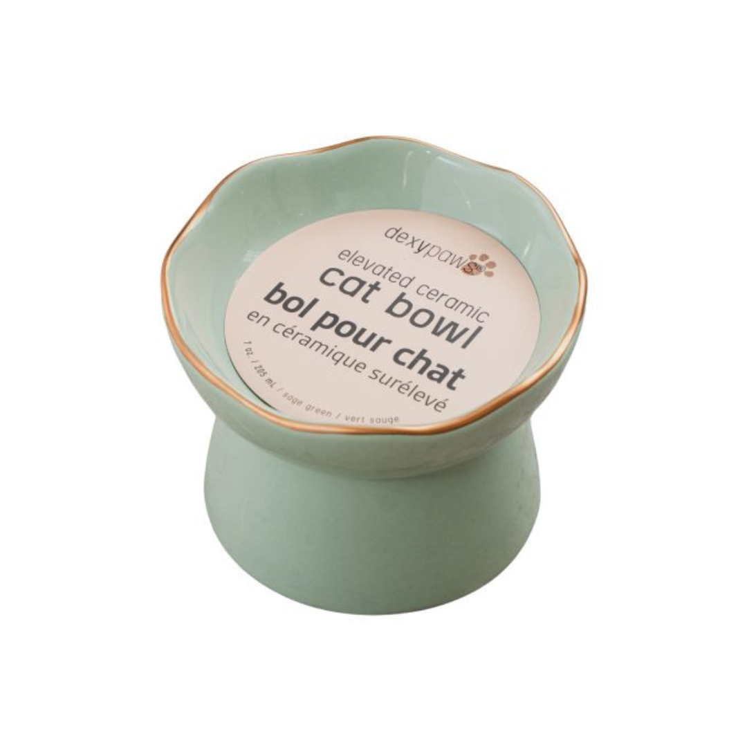 Dexypaws raised ceramic cat bowl in Sage Green