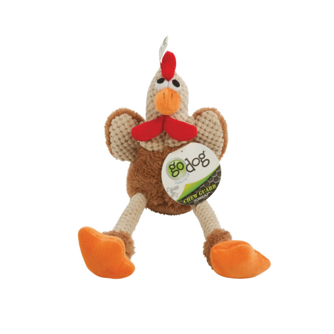 goDOG Dog Toys - Skinny Checkers Plush Rooster Brown