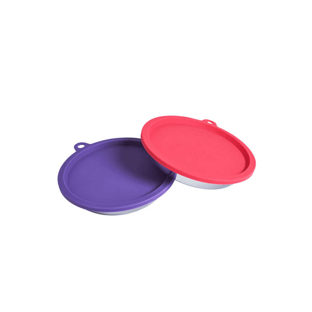 Messy Cats Bowls - Two Stainless Saucer Shaped Bowls and Two Silicone Lids for Food Storage - Toronto Pets