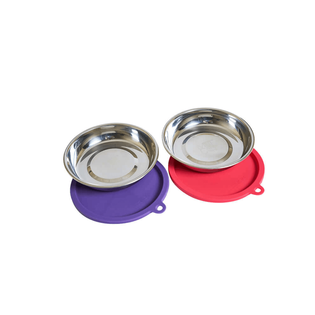 Messy Cats Bowls - Two Stainless Saucer Shaped Bowls and Two Silicone Lids for Food Storage - Toronto Pets