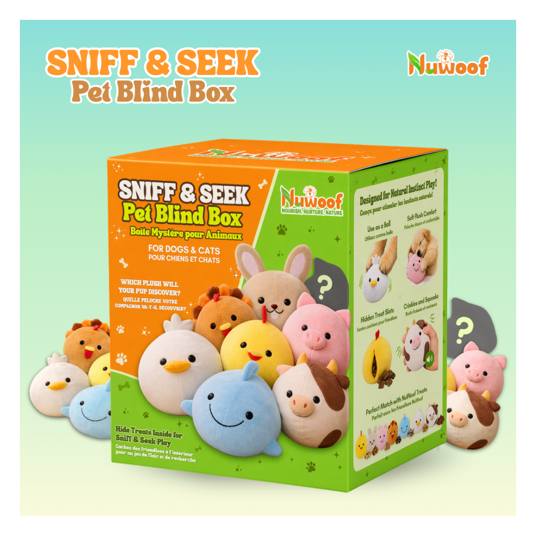 NuWoof Sniff & Seek Pet Blind Box with examples of assorted toy designs